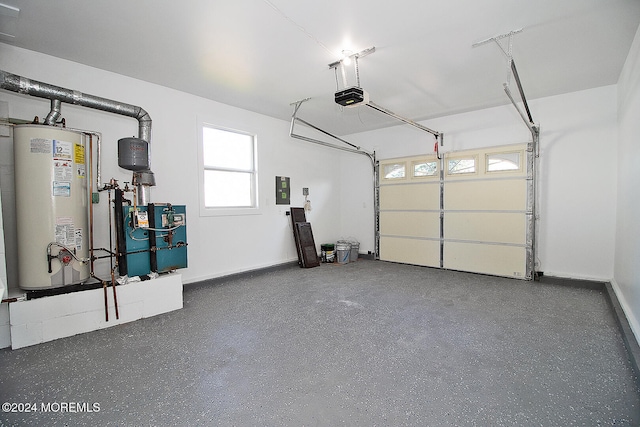 garage with gas water heater and a garage door opener