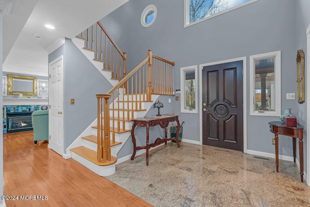 foyer entrance with a high ceiling and hardwood / wood-style flooring