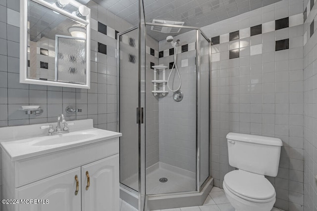 bathroom featuring decorative backsplash, walk in shower, tile walls, tile patterned flooring, and toilet