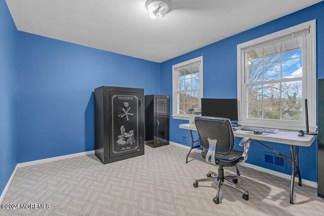 office space with light colored carpet