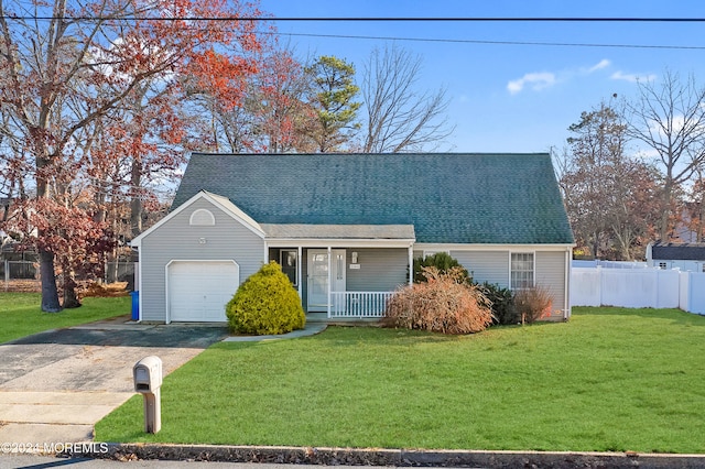 view of front of home featuring a porch, a garage, and a front lawn