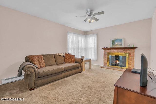 carpeted living room with ceiling fan, a fireplace, and a baseboard heating unit