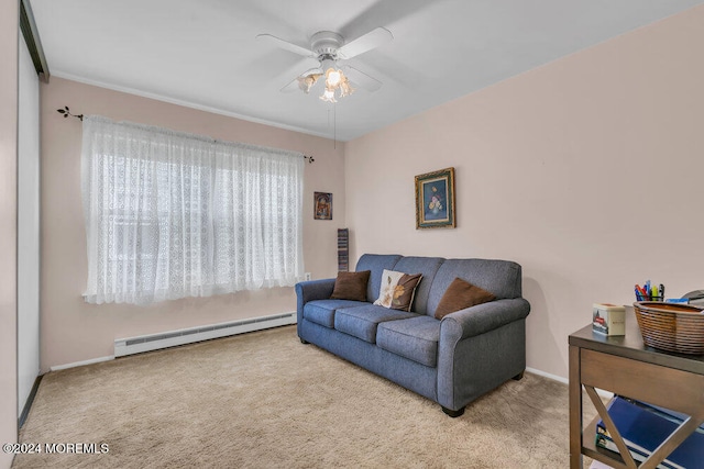 carpeted living room with baseboard heating and ceiling fan