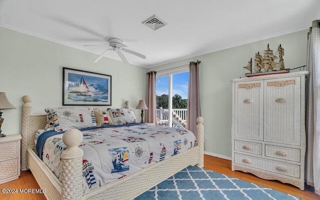 404 Ocean Rd, Spring Lake, NJ 07762 - bedroom with wood finished floors, access to outside, crown molding, and a ceiling fan
