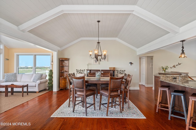 dining area with vaulted ceiling with beams, dark hardwood / wood-style flooring, wooden ceiling, and an inviting chandelier