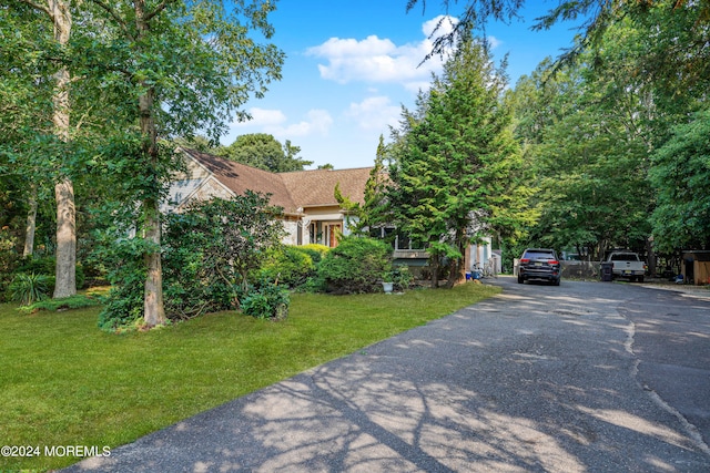 view of property hidden behind natural elements with a front yard