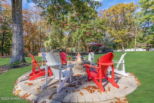 view of patio with a fire pit