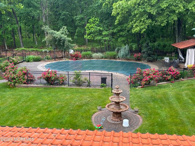 view of pool with a lawn and a patio