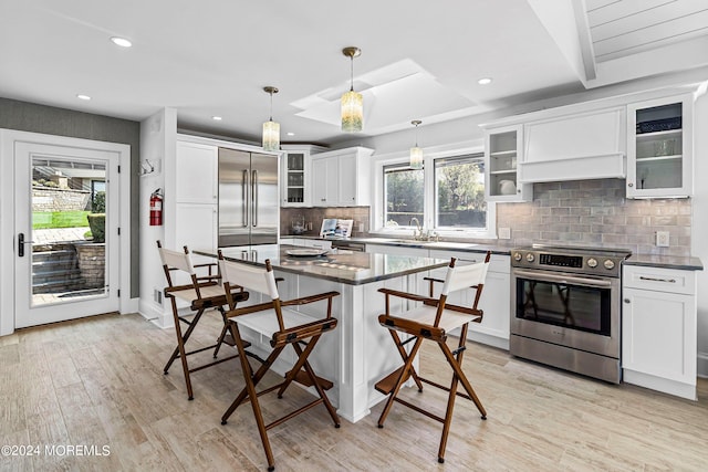 kitchen with a wealth of natural light, light hardwood / wood-style flooring, decorative light fixtures, and appliances with stainless steel finishes