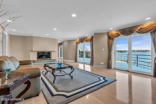 living room featuring a wealth of natural light, a water view, and light hardwood / wood-style floors