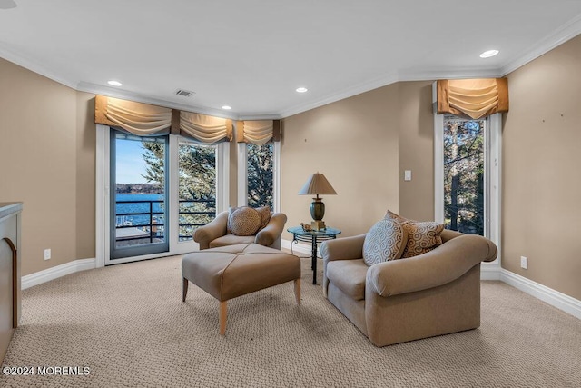 living room with ornamental molding and light carpet