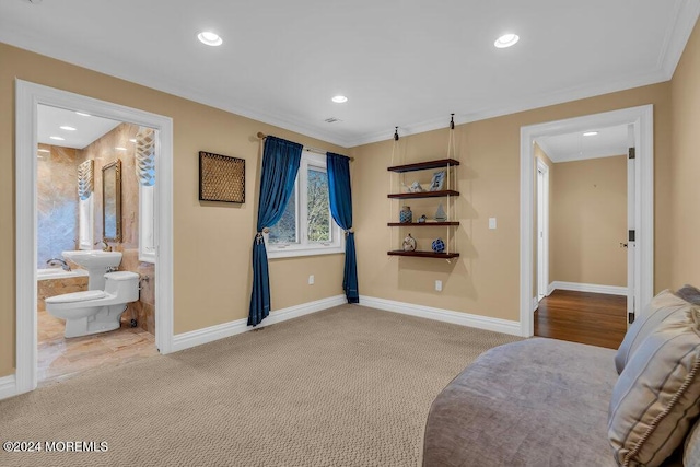 living area featuring light colored carpet and crown molding