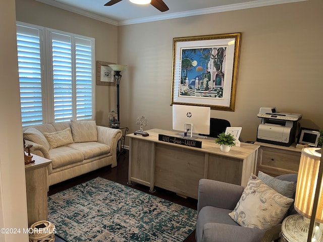 home office featuring a wealth of natural light, ornamental molding, and ceiling fan