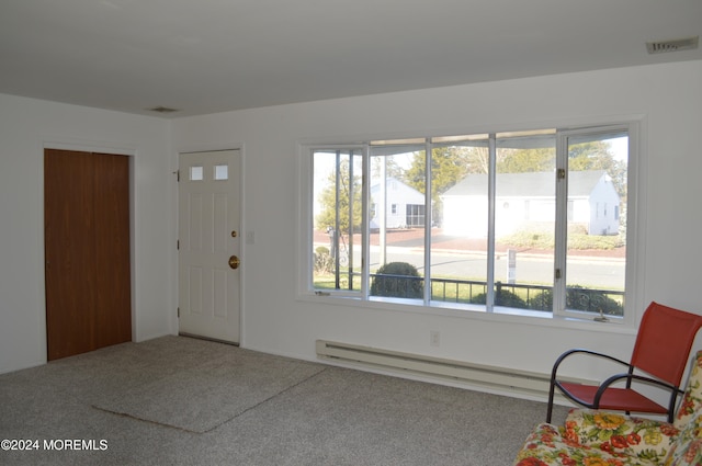 foyer entrance featuring a wealth of natural light and carpet