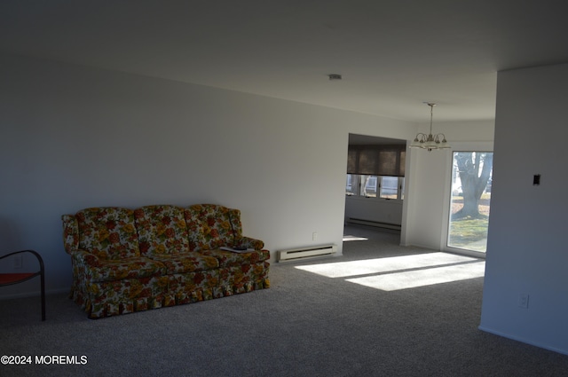 unfurnished room with a chandelier, dark carpet, and a baseboard radiator