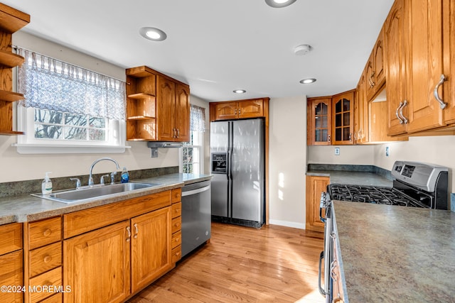 kitchen featuring sink, light wood-type flooring, and appliances with stainless steel finishes