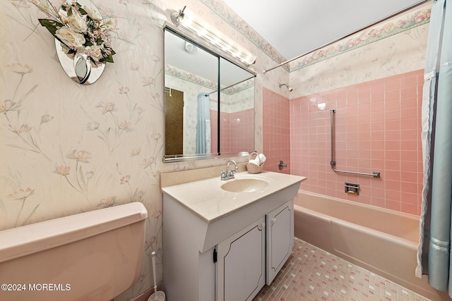 full bathroom featuring tile patterned floors, vanity, shower / bath combo, and toilet