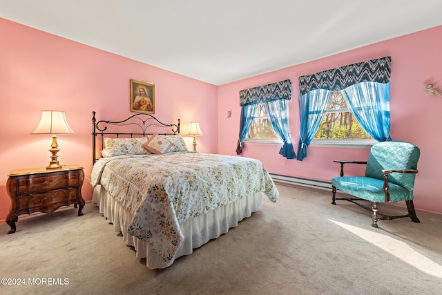 bedroom featuring light carpet and a baseboard radiator