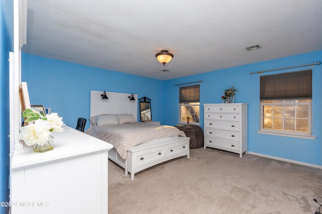 carpeted bedroom with a textured ceiling