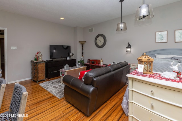 living room featuring hardwood / wood-style floors and a textured ceiling