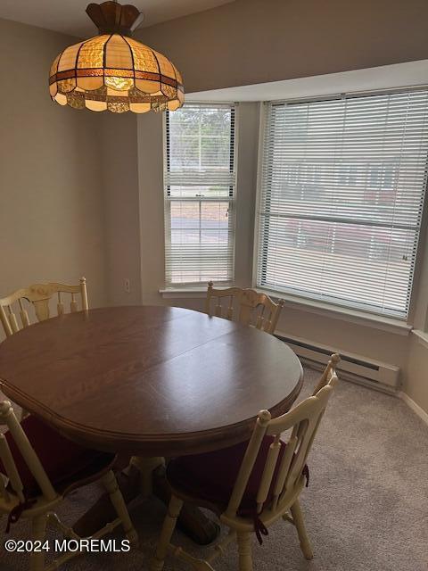 unfurnished dining area with carpet and baseboard heating