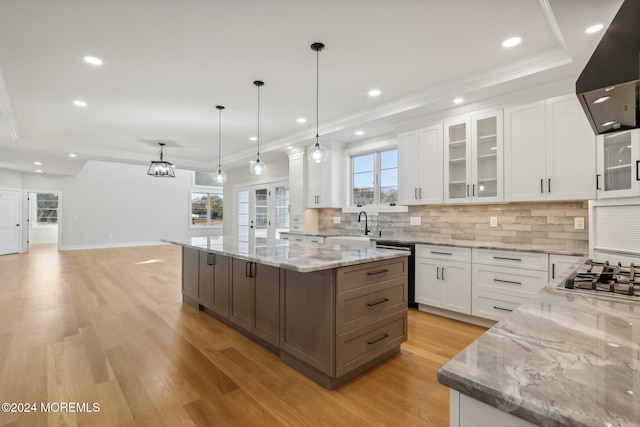 kitchen with a large island, white cabinets, light stone counters, and light hardwood / wood-style floors