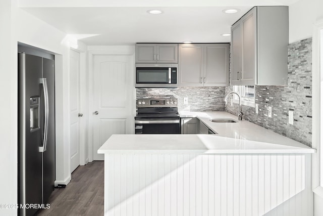 kitchen featuring stainless steel appliances, sink, kitchen peninsula, backsplash, and gray cabinets