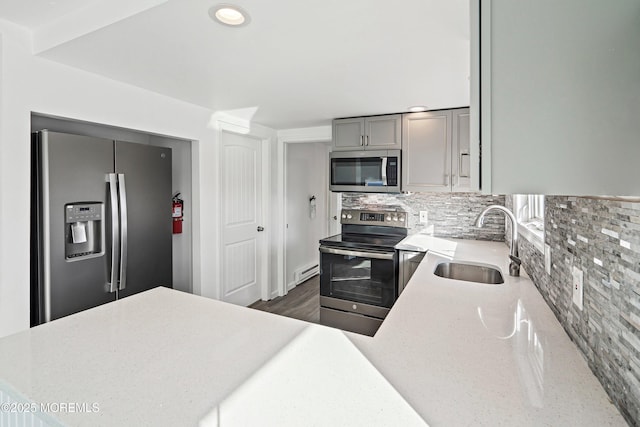 kitchen featuring stainless steel appliances, sink, decorative backsplash, a baseboard radiator, and gray cabinetry