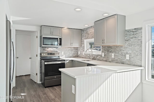 kitchen featuring kitchen peninsula, stainless steel appliances, gray cabinetry, plenty of natural light, and sink