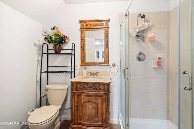 bathroom featuring an enclosed shower, vanity, toilet, and vaulted ceiling