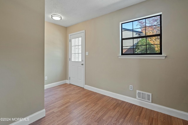 entryway featuring plenty of natural light, wood-type flooring, and a textured ceiling