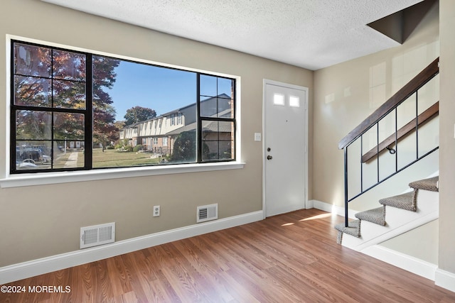 foyer entrance featuring hardwood / wood-style flooring, plenty of natural light, and a textured ceiling