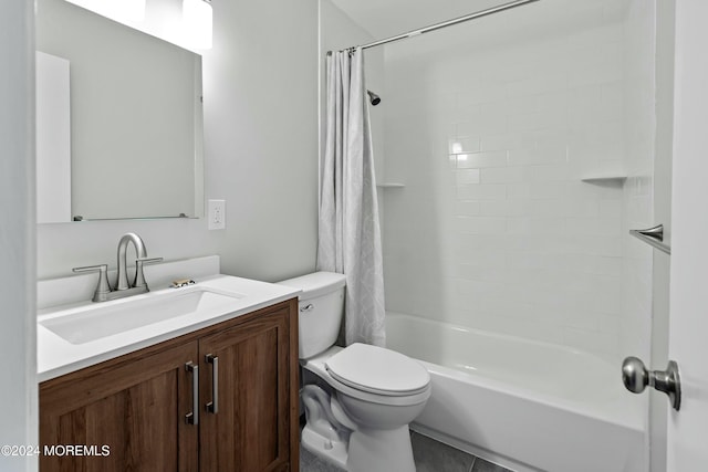 full bathroom with tile patterned floors, vanity, toilet, and shower / tub combo with curtain