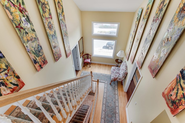 stairs featuring hardwood / wood-style floors