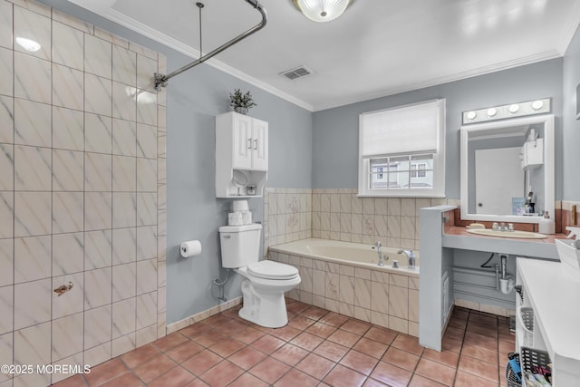 full bathroom with tile patterned floors, visible vents, a bath, and ornamental molding