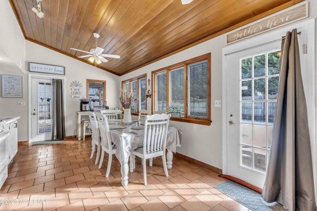 dining room featuring lofted ceiling, ceiling fan, wooden ceiling, and baseboards