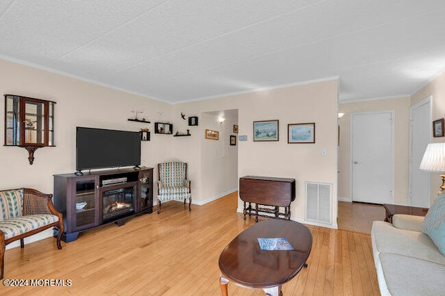 living room featuring hardwood / wood-style floors, a textured ceiling, and ornamental molding