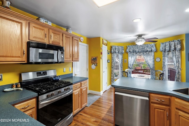 kitchen with ceiling fan, light hardwood / wood-style flooring, and appliances with stainless steel finishes