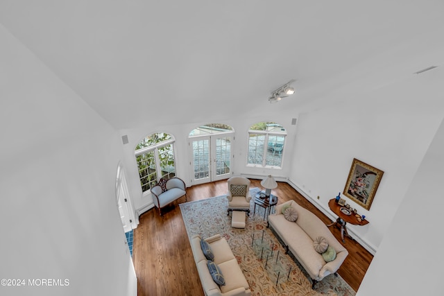 living room featuring french doors, dark hardwood / wood-style flooring, and lofted ceiling