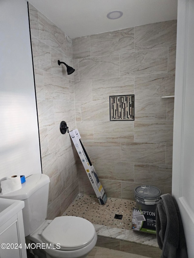 bathroom with vanity, a tile shower, and toilet