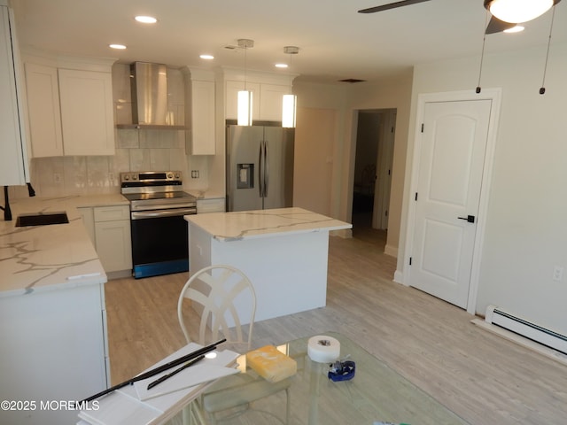 kitchen with a kitchen island, white cabinets, decorative backsplash, stainless steel appliances, and wall chimney range hood