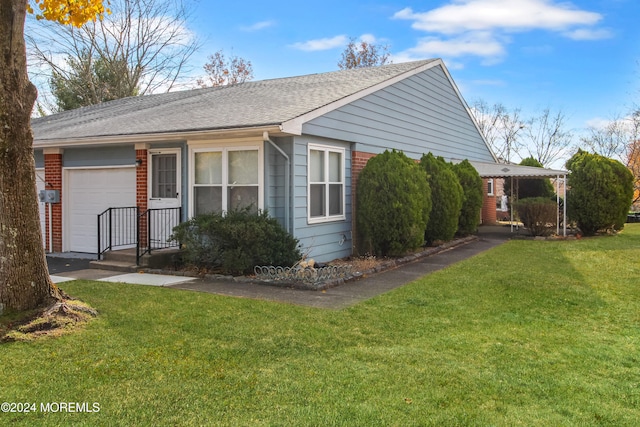 view of side of home with a garage and a lawn