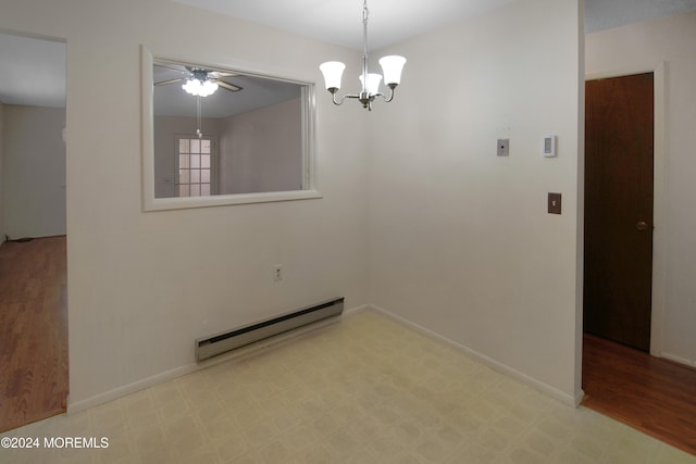 unfurnished dining area featuring ceiling fan with notable chandelier, light wood-type flooring, and a baseboard radiator