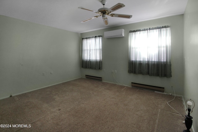 carpeted empty room with baseboard heating, a wealth of natural light, ceiling fan, and an AC wall unit