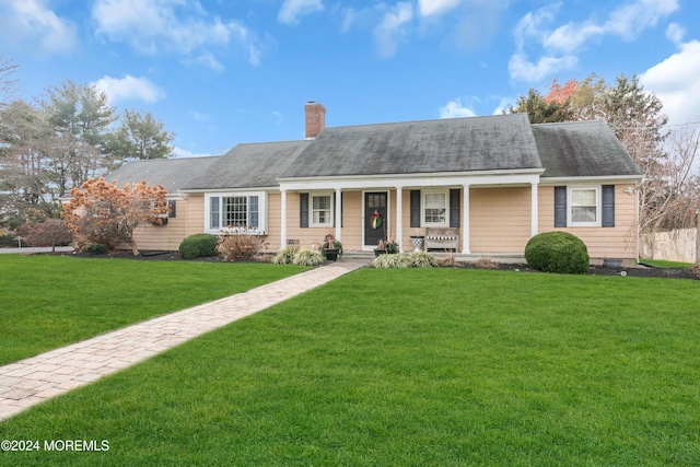 ranch-style home featuring covered porch and a front yard