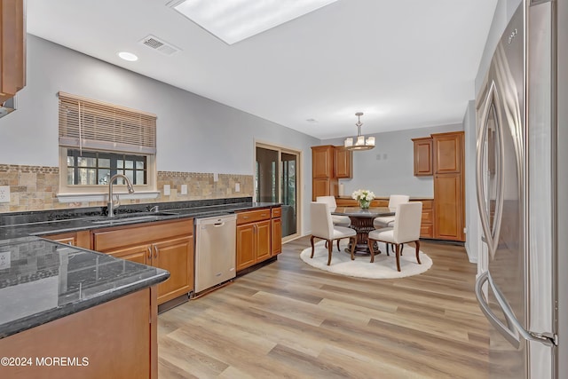 kitchen featuring light wood-type flooring, backsplash, stainless steel appliances, sink, and pendant lighting