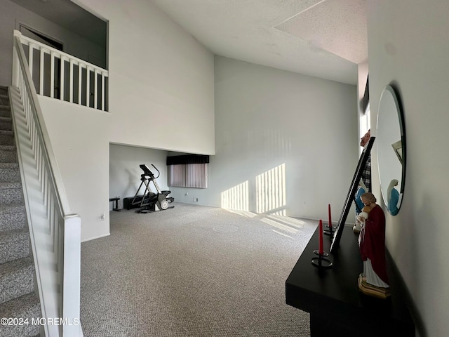 living room with carpet floors, a high ceiling, and a textured ceiling