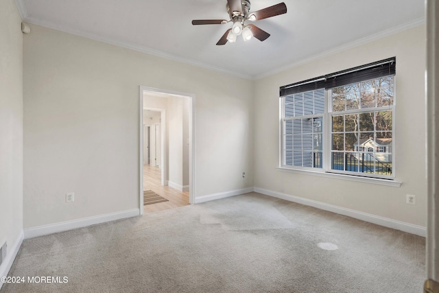 carpeted empty room featuring ceiling fan and ornamental molding