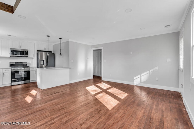 unfurnished living room with crown molding and dark wood-type flooring