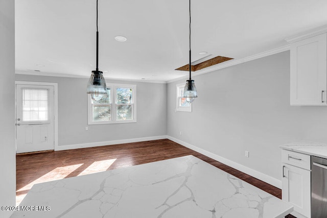 dining space featuring dark hardwood / wood-style flooring and ornamental molding